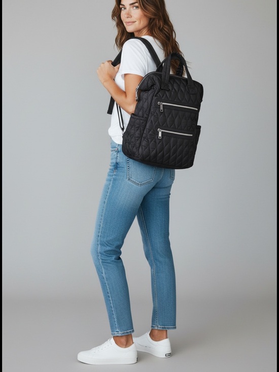 Handbags - Black Quilted Nylon Backpack with Leopard Lining